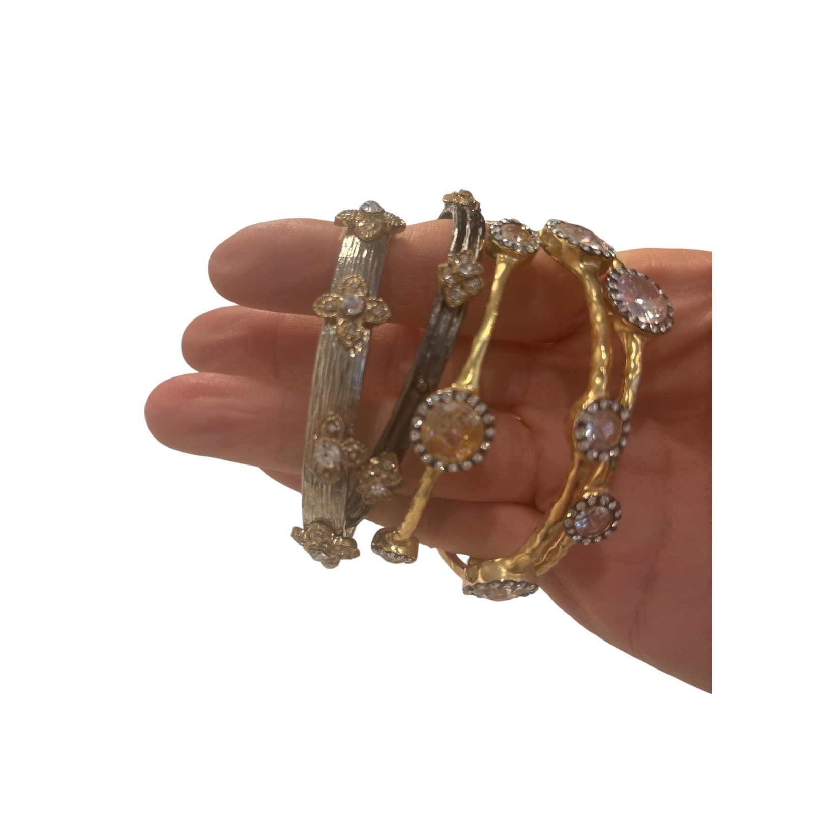 Boho Glam Crystal Cuff Bracelet Lot Mixed Metal Gold Silver Stackable Bangles 4p